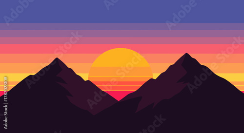 Minimalist vector illustration of a vibrant sunset over silhouetted mountain peaks, featuring a large, glowing sun with horizontal color bands in the sky, evoking a sense of tranquility and natural
