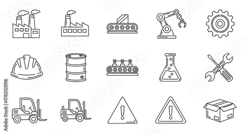 A comprehensive collection of factory-related line icons, featuring an outline of industrial elements such as factories with smokestacks, conveyor belts, robotic arms, gears, barrels, hard hats