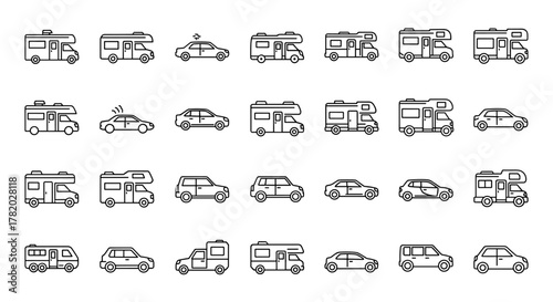 Collection of outline icons representing motorhomes and cars, perfect for graphic and web design, app interfaces, advertisements, and various card designs. This vector cartoon illustration features