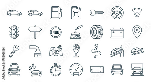 Comprehensive collection of car and gas station related line icons, featuring outline signs for graphic and web design, apps, adverts, and various cards, presented as a vector cartoon illustration