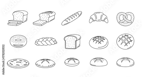 Set of minimalistic linear icons representing various types of bread and baked goods, including loaves, baguettes, croissants, pretzels, bagels, and donuts, presented in a clean, modern, and scalable
