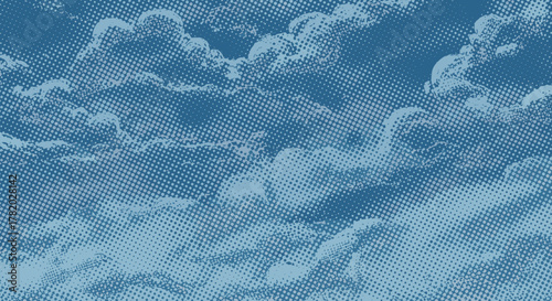 Retro sky pattern with abstract halftone grunge texture background in blue, vintage vector background in engraving style, perfect for graphic design and artistic projects, evoking a sense of