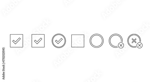 Set of simple line icons representing checkboxes, checkmarks, and cross marks, including empty squares, circles, and variations with check or cross symbols, presented on a clean white background for
