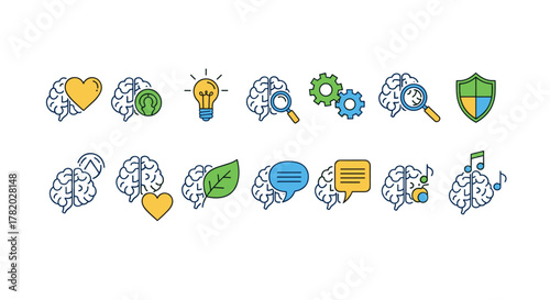Set of simple linear icons representing the human brain and various aspects of mental health and cognitive functions, including emotions, ideas, nature, communication, and security, presented in a