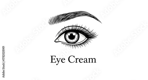 Elegant black and white illustration of a human eye with long lashes and a defined eyebrow, symbolizing beauty, skincare, and cosmetic products, perfect for advertising eye cream and ophthalmology