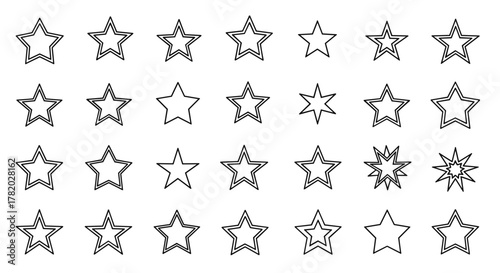 Collection of Star Outline Vector Graphics: A Diverse Set of Star Shapes, Including Simple Outlines, Double-Lined Stars, and Starbursts, Perfect for Infographics, Articles, Books, Flyers, and