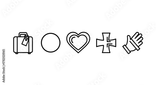 A minimalist line icon set featuring a suitcase with a tag, a perfect circle, a heart outline, a cross symbol, and a hand wearing a glove, presented on a clean white background, ideal for graphic