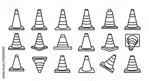 Collection of traffic cone outline illustrations, featuring editable stroke and perfect for infographics, articles, books, flyers, and banners. This vector cartoon illustration set showcases various