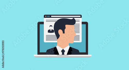 Modern vector illustration of a professional man in a suit and tie, viewed from the side, with a laptop screen displaying a profile page featuring a user avatar and text, symbolizing online presence