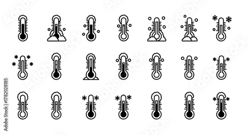 A collection of minimalistic linear pictogram icons representing thermometers, showcasing various temperature conditions including snow, frost, and cold weather, ideal for web design, graphic