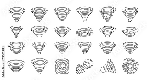 Collection of modern outline style vortex and funnel icons, representing natural phenomena like tornadoes and hurricanes, perfect for design elements, cards, apps, and social networks, presented as a