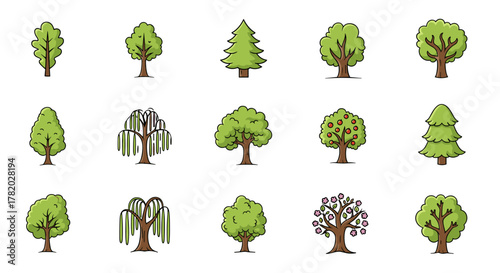Set of 15 stylized cartoon tree illustrations on a clean white background, featuring diverse tree types like deciduous, coniferous, weeping willows, and fruit-bearing trees, perfect for nature-themed