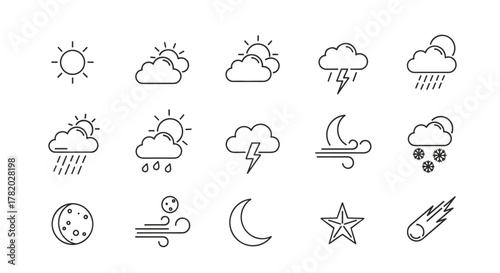 A collection of minimalist line vector icons depicting various weather phenomena and celestial bodies, including sun, clouds, rain, lightning, snow, wind, moon, stars, and a comet, presented on a
