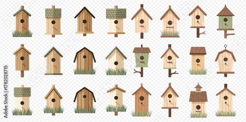 A large collection of various wooden birdhouses in different shapes and styles, perfect for garden decor.