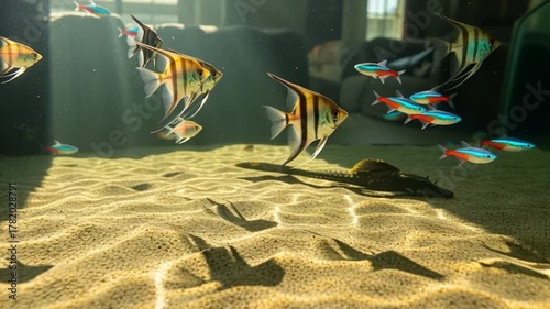Watch colorful fish swim gracefully in a sunlit aquarium, perfect for nature documentaries, pet care videos, and serene underwater scenes for relaxation.