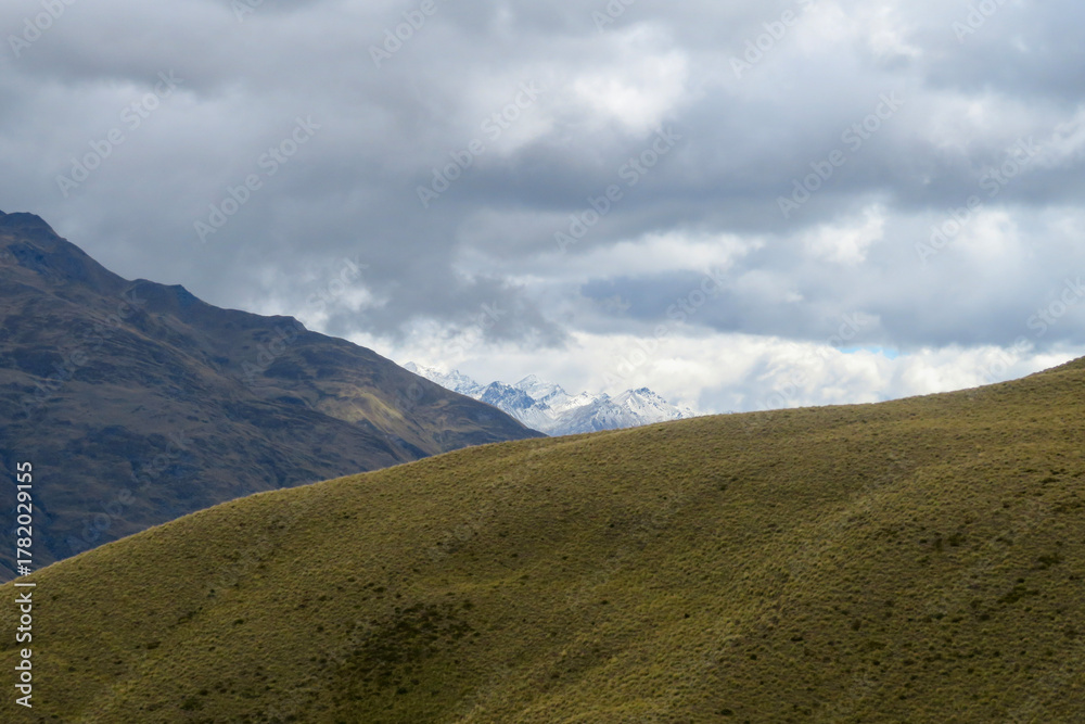 Fototapeta premium Golden tussock ridge with snow covered peaks under dramatic sky, South Island New Zealand 