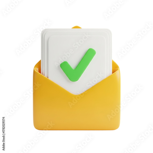 An envelope with a checkmark on a card isolated on transparent background, symbolizing confirmation, approval, or a positive response in a digital communication