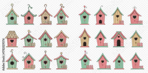 A charming collection of 24 pastel-colored, hand-drawn birdhouses with various designs, including heart-shaped and round openings, perfect for spring and nature themes.