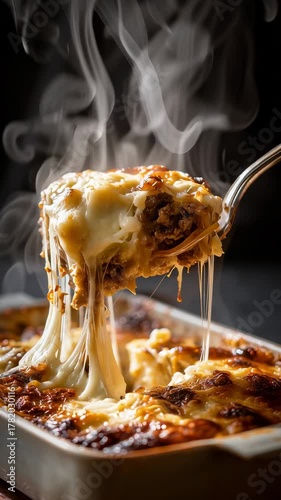 Delicious Layered Lasagna with Melted Cheese and Steam Rising