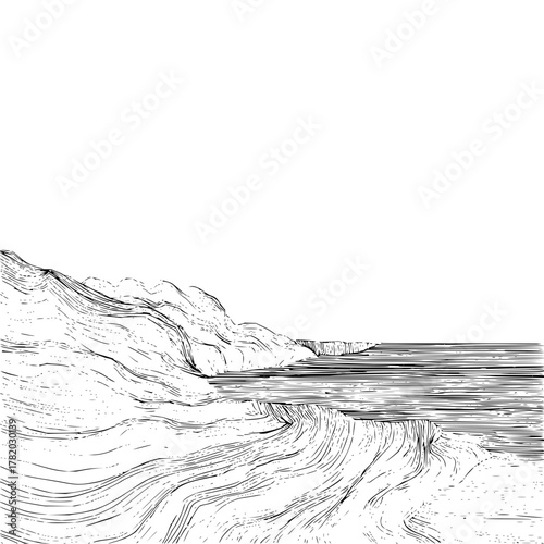 Monochrome landscape drawing of a coastal cliff with ocean view in black and white line art style design