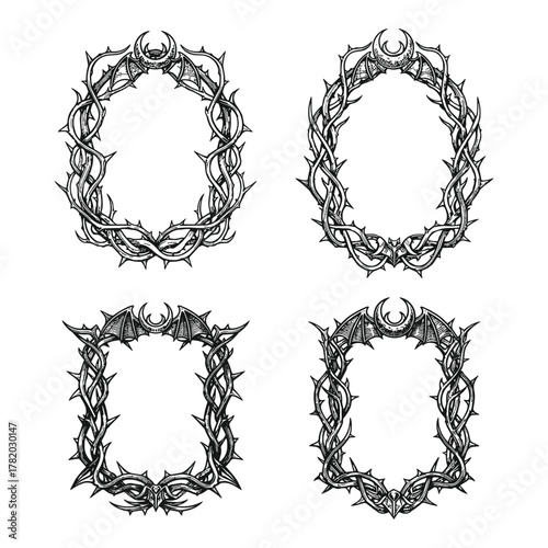 Black Thorn Frame Borders Illustration Vector Set – Gothic Spiked Bramble Frame Collection for Dark Aesthetic Design, Isolated Black And White Silhouette Art