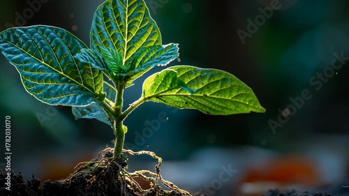 Growth Process of a Young Plant with Emerging Leaves and Roots