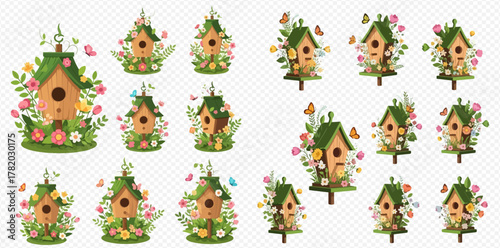Collection of charming spring birdhouses adorned with colorful flowers and butterflies, set in lush green foliage, perfect for nature-themed designs.