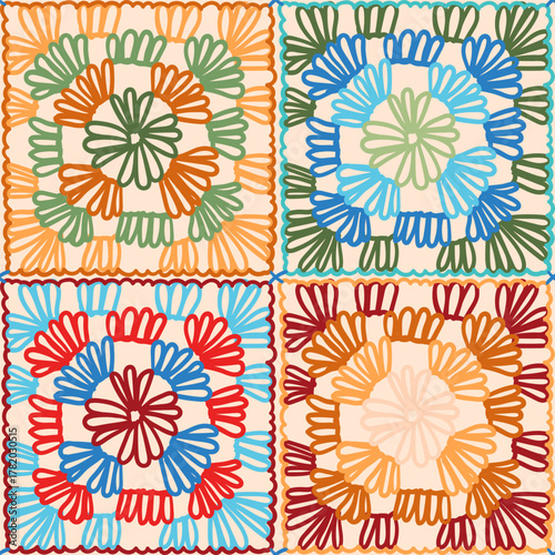 crochet granny square seamless pattern. Multicolor knitting retro background for textile, wrapping