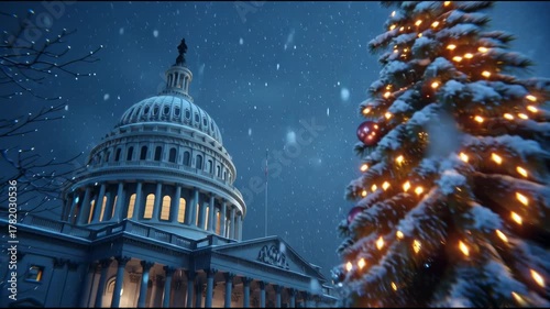 Christmas Atmosphere at the Capitol with Snowfall and Decorated Tree