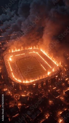 Aerial View of a Stadium on Fire Surrounded by Thick Smoke