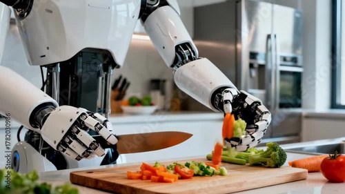 Humanoid Robot Cooking Meal in Modern Kitchen Domestic Assistant