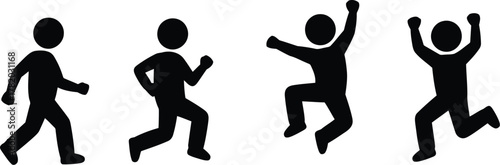 Stick Figure Evolution Walking, Running, Jumping, Celebrating Progression Depicted in Black Silhouettes