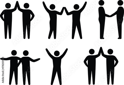 Silhouette People Celebrating Success with High Fives, Handshakes, and Arms Raised Together