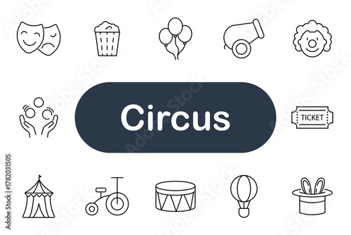 Circus set icon. Tent, clown, juggler, balloon, popcorn, ticket, cannon, drum, hat, bunny, stage, unicycle, mask, performance, fun, show, entertainment, art, joy, crowd