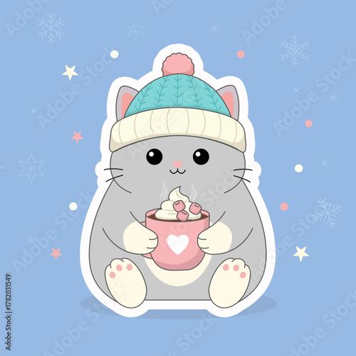 Cute Winter Cat with Hot Cocoa – Cozy Cartoon Animal Illustration with Snowflakes and Stars
🐱 Альтернативные варианты:
- Adorable Cat in Winter Hat Holding Cocoa – Festive Cartoon Character for Holid