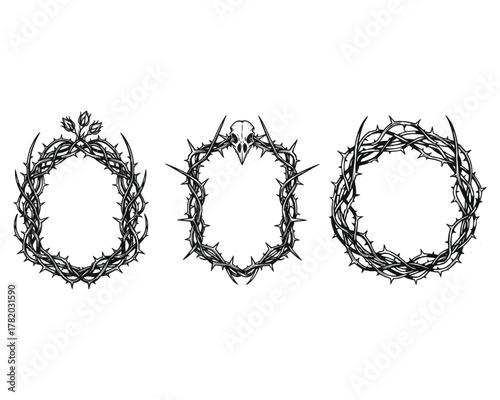 Black Thorn Frame Borders Illustration Vector Set – Gothic Spiked Bramble Frame Collection for Dark Aesthetic Design, Isolated Black And White Silhouette Art