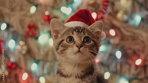 Cute little cat in a Christmas hat on the background of a garland. New Year card.