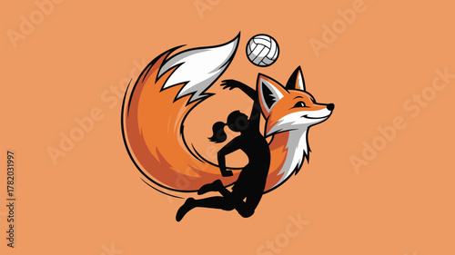 Dynamic fox mascot logo design featuring volleyball player silhouette against vibrant orange background for sports teams and branding projects