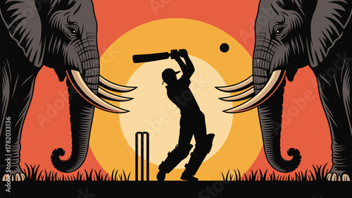 Dynamic cricket match silhouette with striking elephant guardians under sunset glow, perfect for sports branding or cultural event promotion today.