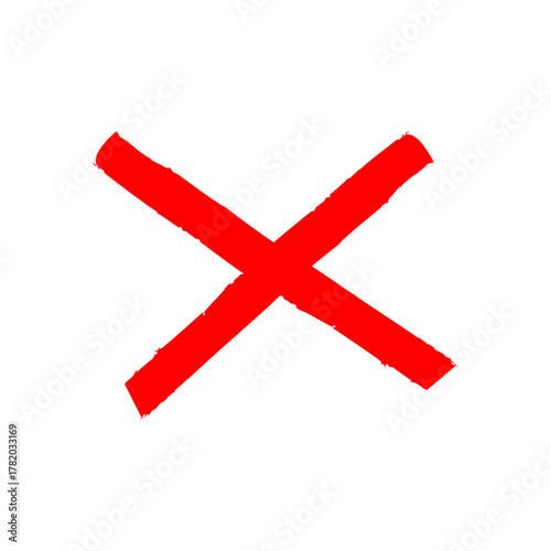 Red hand drawn paint brush cross mark vector sign. Grunge bold red x sign. Draw red cross mark, wrong, cancel, incorrect sign with marker pen or brush effect. Vector illustration.