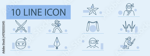 Ninja set icon. Katana, fighter, shuriken, nunchaku, mask, weapons, stance, action, stealth, costume, martial arts, training, combat, warrior, enemy, agility, discipline, legend