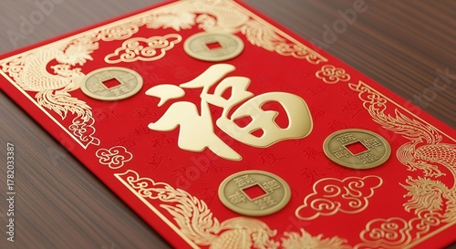 Red Chinese Envelope with Golden Prosperity Character (Fu) and Scattered Antique Coins on Wood