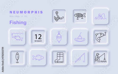 Fishing set icon. Contains hook, bait, fish, float, rod, waders, boat, fisherman, lure, water, ripples, and catch tools in light neumorphic UI design