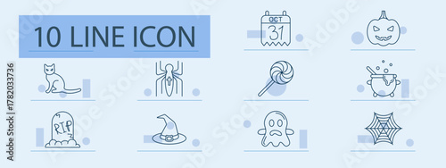 Halloween set icon. Cat, spider, pumpkin, calendar, candy, cauldron, grave, hat, ghost, web, spooky, celebration, magic, costume, fear, trick, treat, horror, tradition, eerie