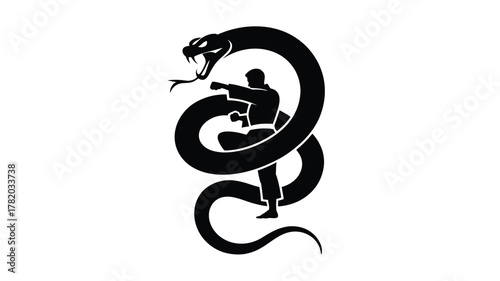 Dynamic martial artist silhouette training with powerful snake, embodying strength and agility in this bold design for sports and fitness brands