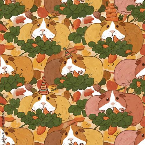 Chaotic Seamless Pattern of Silly Guinea Pigs Munching on Clover and Tiny Clover Leaves