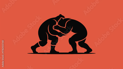 Dynamic silhouette of sumo wrestlers clashing in traditional combat, embodying strength, discipline, and cultural heritage with bold colors.