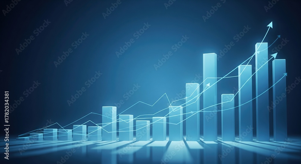 Fototapeta premium Blue 3d bar chart showing upward trend and growth with digital overlay