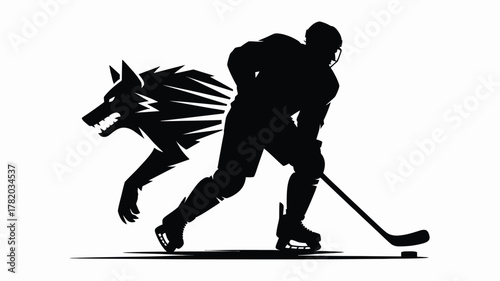 Dynamic hockey player silhouette with fierce wolf design, perfect for team branding, sports logos, and bold designs, inspiring power and determination