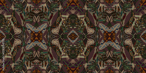 Dark Moody Tropical Seamless Repeat Pattern

. Symmetrical Abstract Jungle Foliage Texture. Exotic Plants and Leaf Kaleidoscope Design. Hand-Drawn Style Dark Floral Textile Background